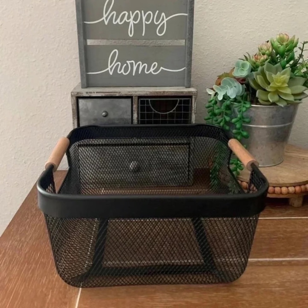 New Black metal wire basket with wooden handles